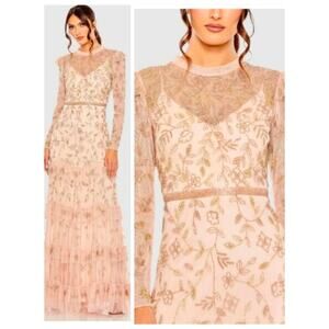 Mac Duggal 9237 Blush Pink Nude Beaded Tulle Formal Gown Long Sleeve 16 Dress